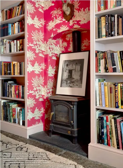  ??  ?? Study ‘Etienne’ fabric by Harlequin, available from the Style Library, brightens up the few walls in this space that aren’t lined with books Hallway A rainbow-carpeted staircase is paired with the punchy fabric pattern of ‘Lyford Trellis’ by China Seas at Quadrille Fabrics on the wall. A ‘Hetty’ footstool from Soho Home sits at the bottom of the stairs ➤