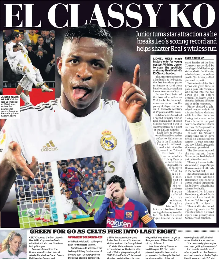  ??  ?? JUNIOR COMES OF AGE Vinicius laps up first goal as Messi, inset, suffers. Diaz pounces for second, below, as Ramos is quick to hail him, above
HOOPS’ OPENER Green