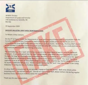  ?? N.S. LANDS & FORESTRY ?? The Nova Scotia government had to conduct a social media campaign in October 2020 to debunk a forged letter warning of wolves on the loose that was part of a military propaganda training mission.