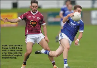  ??  ?? POINT OF CONTACT: Conor McGill, O’Connell’s is black carded after this challenge on Stephen Campbell, Naomh Mairtin.