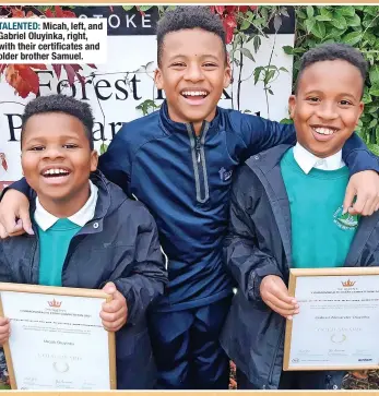  ?? ?? TALENTED: Micah, left, and Gabriel Oluyinka, right, with their certificat­es and older brother Samuel.