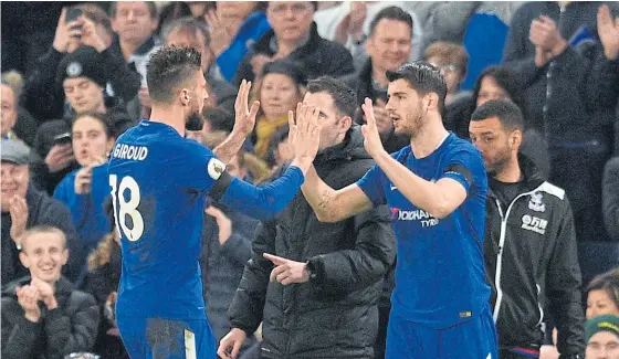  ??  ?? Chelsea forwards Olivier Giroud, left, and Alvaro Morata during a recent match.