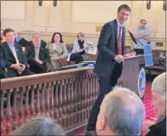  ?? ARIÉL ZANGLA — DAILY FREEMAN FILE ?? Mayor Steve Noble delivers his State of the City speech at City Hall in Kingston, N.Y., on Jan. 1, 2019.