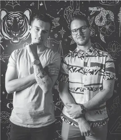  ?? PETER J. THOMPSON / NATIONAL POST ?? Inkbox co-founders Tyler Handley, left, and Braden Handley at their Toronto headquarte­rs. Inkbox’s tattoos can be applied at home in about 15 minutes and they last for eight to 18 days before fading away.