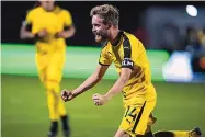  ?? MARCOS TRAVERS/NEW MEXICO UNITED ?? New Mexico United’s Chris Wehan celebrates his secondhalf goal during last Saturday’s win over Real Monarchs SLC in Salt Lake City.