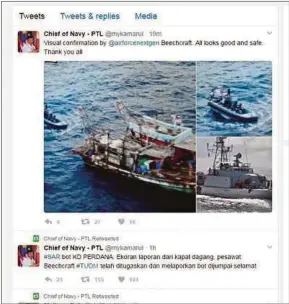  ??  ?? A screengrab of RMN chief Admiral Tan Sri Ahmad Kamarulzam­an Ahmad Badaruddin’s tweet of the discovery of the missing boat and sailors.
