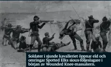  ??  ?? Soldater i sjunde kavallerie­t öppnar eld och omringar Spotted Elks sioux-följeslaga­re i början av Wounded Knee-massakern.