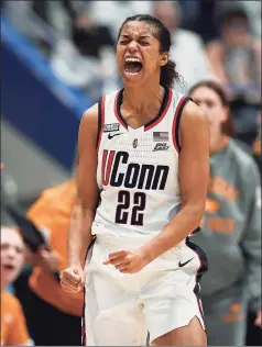  ?? Jessica Hill / Associated Press ?? UConn’s Evina Westbrook reacts after the Huskies regained possession against Tennessee on Feb. 6.