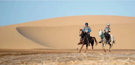  ??  ?? BO: Op harder grond en plat soutpanne en kan ’n mens ’n stewige galop inkry.ONDER: Ruiters ry vier skofte en keer elke keer terug na Walvisbaai vir ’n veeartsond­ersoek en verpligte blaaskans. Die tweede skof is langs die see.