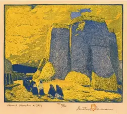  ??  ?? Gustave Baumann, “Church Ranchos de Taos,” 1918, color woodcut, 10.13 x 11.33 inches.