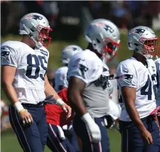  ?? NANCY LANE / BOSTON HERALD ?? FIELD DAY: Tight end Ryan Izzo lines up during yesterday’s practice.