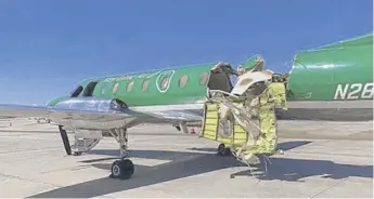  ?? CBS DENVER VIA AP ?? This image from CBS Denver shows a Key Lime Air Metroliner that landed safely at Centennial Airport after a midair collision near Denver on Wednesday.