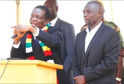  ?? - (Picture by Munyaradzi Chamalimba) ?? President-elect Emmerson Mnangagwa addresses a memorial service for the late Chief Albert Mapanzure in Zvishavane yesterday. On the President-elect’s right is the late chief’s son, Collin.