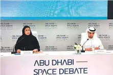  ?? Samihah Zaman/Gulf News ?? ■ Sarah Al Amiri and Omran Sharaf at a press conference in Abu Dhabi, talking about the Abu Dhabi Space Debate.