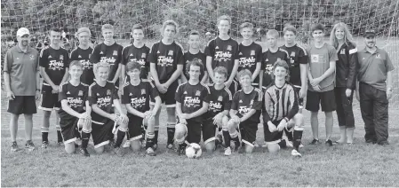  ??  ?? The Woolwich U15 boys were the winners of the Ottawa Gloucester Invitation­al Soccer Tournament. Back row: head coach Steve Sider, Devin Noble, Corbin Kaufman, Ben Hayden, Owen Hill-Ring, Owen Harnock, Jackson Hale, Aron Dyck, CJ Sider, Owen Fenton,...