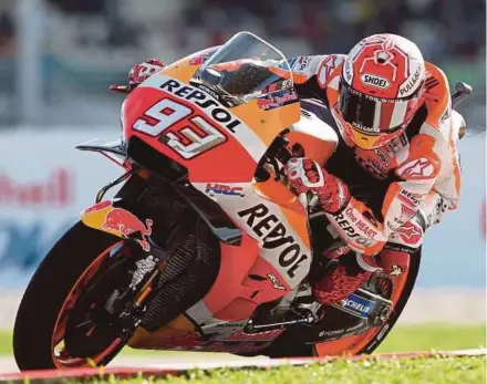  ?? REUTERS PIC ?? Repsol Honda Team’s Marc Marquez rides to win the Malaysia Motorcycle Grand Prix yesterday.