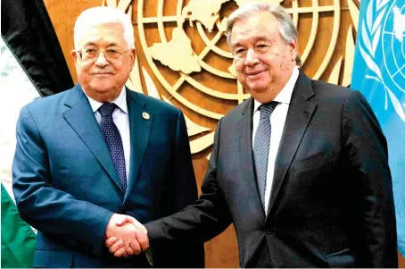  ?? AFP ?? UN Secretary General Antonio Guterres, right, meets with Palestinia­n President Mahmoud Abbas at the 74th session of the UN General Assembly in New York.