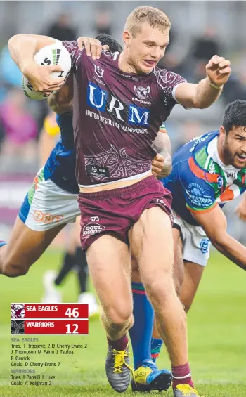  ?? Picture: GRANT TROUVILLE - NRL PHOTOS ?? Tom Trbojevic starred for Manly with two tries against the Warriors in Christchur­ch yesterday in his first game back since overcoming a hamstring injury