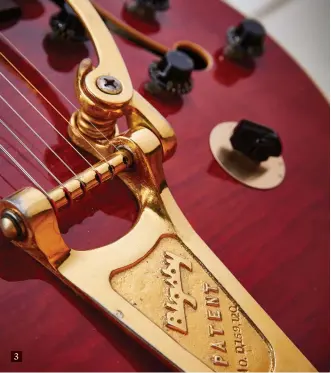  ??  ?? 3. 1959 Gibson ES-350T with gold plated Bigbsy tremolo system, Varitone and beautifull­y flamed maple top underneath a vibrant Cherry finish 3