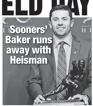  ?? Getty Images ?? SOON’ RUNNER: Baker Mayfield collected the Heisman with 732 first-place votes, well ahead of second-place finisher Bryce Love of Stanford.