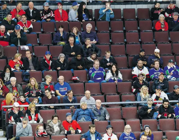  ?? ERROL MCGIHON ?? With sparse attendance like this a frequent occurrence last season, the Senators have decided to remove 1,500 seats from their ticket pool at Canadian Tire Centre in Kanata.