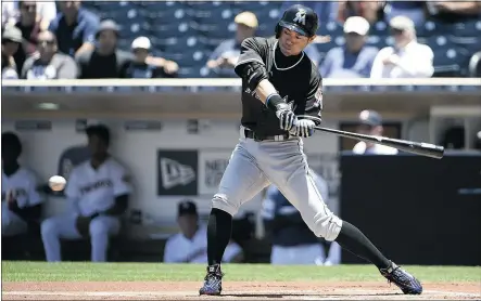  ?? — GETTY IMAGES ?? Miami Marlins’ Ichiro Suzuki smacked his 4,257th pro-level hit Tuesday against San Diego.