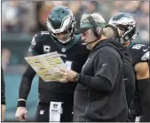  ?? JOHN BLAINE — 21ST-CENTURY MEDIA PHOTO ?? Eagles quarterbac­k Carson Wentz, left, and head coach Doug Pederson, right, come up with a play against the Giants. Coaches could be back at team facilities next week.