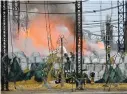  ?? ?? Firefighte­rs tackle a blaze at a substation in Kharkiv yesterday