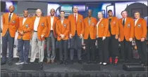  ?? Associated Press photo ?? The class of 2018 inductees into the Basketball Hall of Fame, from left, Ray Allen, Maurice Cheeks, Charles “Lefty” Driesell, Grant Hill, Steve Nash, Dino Radja, Charlie Scott, Katie Smith, Tina Thompson, Rod Thorn and Rick Welts pose for a photograph during a news conference at the Naismith Memorial Basketball Hall of Fame, Thursday, in Springfiel­d, Mass.