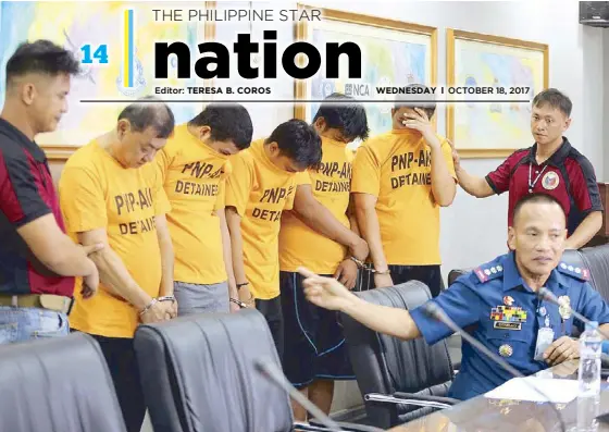  ?? BOY SANTOS ?? PNP-AKG head Senior Superinten­dent Glenn Dumlao presents the suspects in the kidnapping of a Chinese man and two Koreans at Camp Crame yesterday. The victims were rescued in Guiguinto, Bulacan on Monday night.