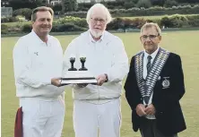  ??  ?? Silver Jacks Pairs winners John Purdy and Peter Harding, with Sunderland & District president David Simpson