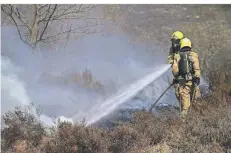  ??  ?? Zwei Feuerwehrl­eute löschen auf einer freien Fläche. Die Landschaft des Nationalpa­rks wird von Kiefernwäl­dern, Heide und Mooren geprägt.