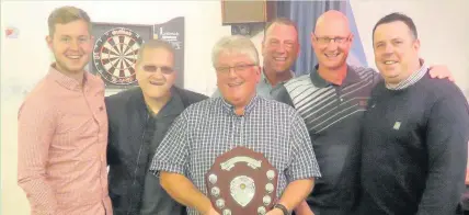  ??  ?? The victorious Three Crowns Barrow side winners of S H Cox Division Three and the Shardlow Brewery Champion of Champions Knockout Cup being presented by sponsor Steve Cox From left to right - Jake Selby, Tim Flinders, Steve Cox, Mick Selby, Rich Selby...