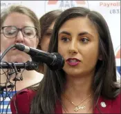  ?? ASSOCIATED PRESS FILE PHOTO ?? In this 2019 photo, Democratic State Rep. Mari Manoogian speaks in Lansing. Third-term Rep. Steve Marino, a Republican, issued a statement Sept. 16, a day after Manoogian said his removal from two committees stemmed from their “volatile” relationsh­ip. She said she was taking steps to ensure her safety following domestic abuse, including threats of public shaming. Manoogian is seeking a personal protection order against Marino.