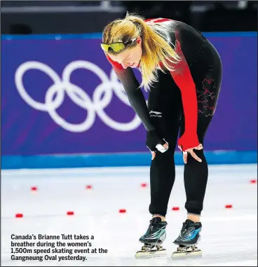  ?? LEAH HENNEL/POSTMEDIA NETWORK ?? Canada’s Brianne Tutt takes a breather during the women’s 1,500m speed skating event at the Gangneung Oval yesterday.