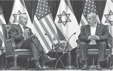  ?? HOLSTON/THE NEW YORK TIMES
KENNY ?? Israeli Prime Minister Benjamin Netanyahu meets with President Joe Biden in Tel Aviv on Oct. 18.