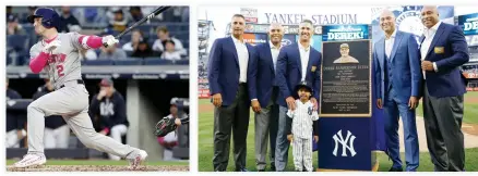  ??  ?? Alex Bregman of the Houston Astros hits a grand slam in the first inning against the New York Yankees in Game 2 on Sunday at Yankee Stadium in New York. (AFP) Retired New York Yankees shortstop Derek Jeter, second from right, poses with former...