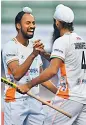  ?? ?? Indian players celebrate after scoring a goal against Japan in a group match of the Asian Champions Trophy hockey on Sunday.