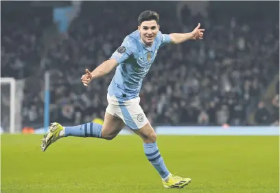  ?? Picture: AFP ?? ON THE MARK. Manchester City’s Julian Alvarez celebrates after scoring a goal during the second leg of their Champions League last-16 match against FC Copenhagen at the Etihad on Wednesday.