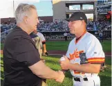  ?? JIM THOMPSON/JOURNAL ?? Del Crandall, right, seen here shaking hands with then-Isotopes manager Dean Treanor in 2008, was inducted into the Albuquerqu­e Pro Baseball Hall of Fame that year.