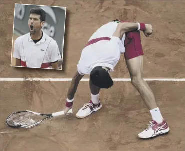  ??  ?? Frustrated Novak Djokovic breaks his racket, but roars to celebrate eventual victory, inset.