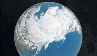  ?? PHOTO: HANDOUT VIA REUTERS ?? Receding . . . A Nasa illustrati­on shows Arctic sea ice at a record low wintertime maximum extent for the second straight year, according to scientists at the National Snow and Ice Data Centre and Nasa.