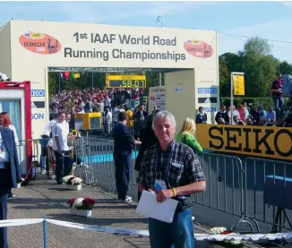  ??  ?? » Top Dave Palermo (at right in blue) bolts off the start line at the 2012 Whistler Half-Marathon
» Above Bernie Conway measured the 20K course at the 2006 IA AF world road running championsh­ips in Debrecen, Hungary
» Opposite left Peter Pimm winning...