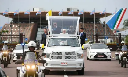  ?? Photograph: Vatican Media Handout/EPA ?? Pope Francis in the popemobile as he arrives in Kinshasa, Democratic Republic of Congo.