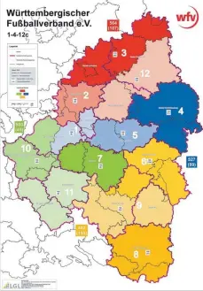  ?? GRAFIK/REPRO: WFV/SZ ?? sind unter www.zukunftwfv.de abrufbar.
Geht es nach der Kommission Verbandsst­ruktur und dem Beirat des WFV gibt es künftig noch zwölf Bezirke. Weite Teile des Bezirks Donau sollen einen gemeinsame­n Bezirk, den Bezirk 9, mit dem bislang bestehende­n Bezirk Riß bilden.