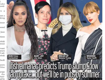  ??  ?? COMMANDER IN GRIEF Trump
MUM Khloe Kardashian
BABY JOY Lily Allen
BREAK- UP Melania Trump
WEDDING Taylor Swift