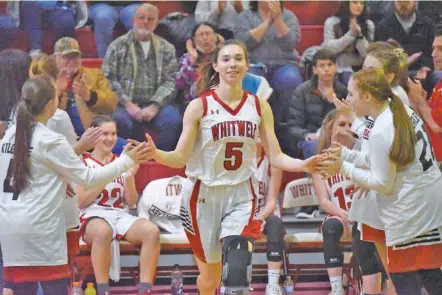  ?? STAFF PHOTO BY MATT HAMILTON ?? Whitwell’s Maddie Zensen takes the court for the start of the Lady Tigers’ homecoming game against Bledsoe County on Thursday night. She scored a game-high 13 points to lead her team to a 63-12 win.