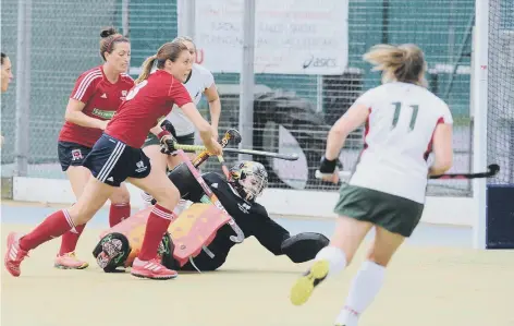  ??  ?? City of Peterborou­gh Ladies goalkeeper Holly Riches during her excellent performanc­e in a 3-1 East Premier Division win over Norwich Dragons.