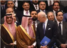  ??  ?? Saudi minister of Arab Gulf affairs Thamer Al Sabhan, left, with Saudi foreign minister Adel Al Jubeir and UN special envoy for Syria, Staffan de Mistura, in Riyadh yesterday