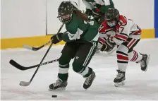  ?? MATT sTONe / HeRALd sTAFF FILe ?? SAFETY FIRST: Duxbury’s Martine Van Arem is chased by Hingham’s Coco Hernberg at Pilgrim Arena on Jan. 6.